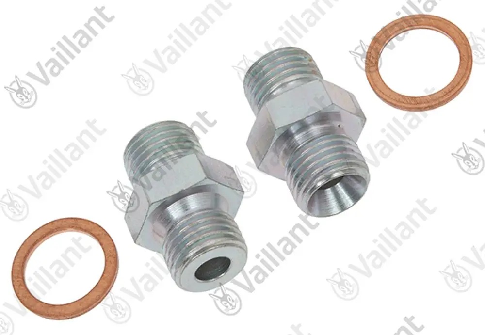 Zwei metallene Nippel mit Gewinde und einem Kupferdichtungsring, markiert mit dem Logo von Vaillant.
